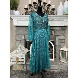 Vtg 80s Mike Benet Lace Formal Gown Sz 10/12 Teal Green Sequins Cottagecore Glam
